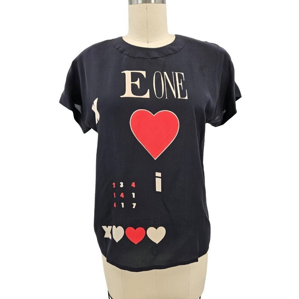 Escada Black Silk Blouse Womens 34 E One Heart Short Sleeve